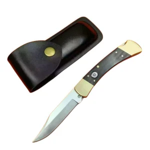 Cuchillo plegable de latón y sándalo de 8 pulgadas con funda de cuero