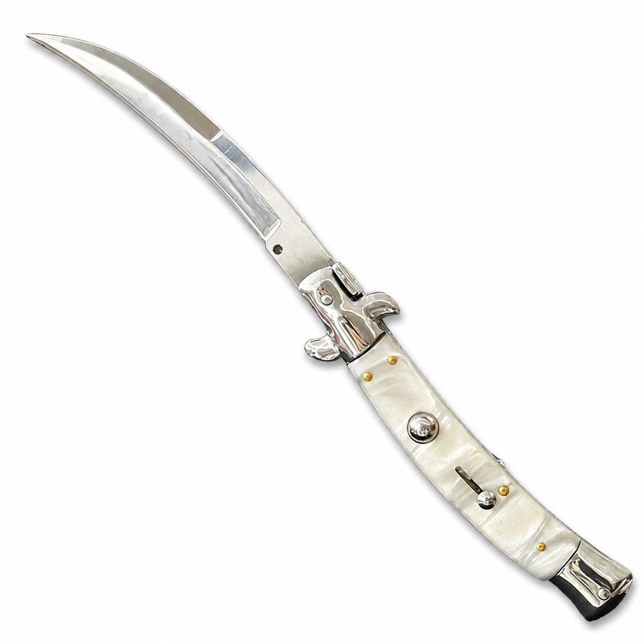 44554-main-white-clean.jpg Cuchillo italiano Stiletto de 9 pulgadas – Navaja con mango de resina de concha blanca