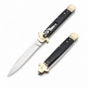 AKC Leverletto Brass Guard Cuchillo de apertura lateral con cuerno negro